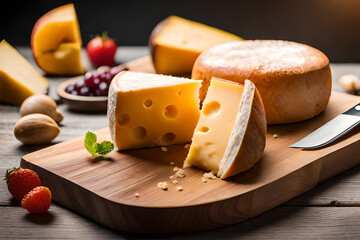 Pieces of delicious cheese and knife on wooden table. Space for text