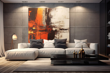Contemporary interior design for a modern living room featuring an elegant sofa, artwork, table, and stylish decor