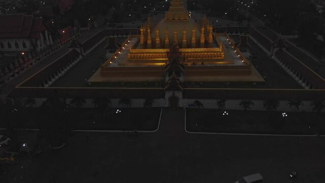 Drone view of Pha That Luang Vientiane Laos in the night, aerial