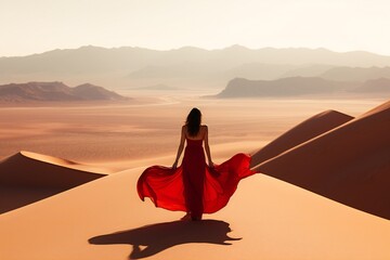 A beautiful girl in a red silk dress with a train stands in the middle of the desert and looks at the sunset. Banner. empty space