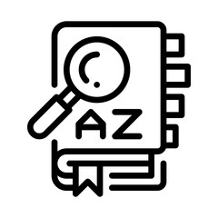 Dictionary book icon represented with a magnifying glass and a book