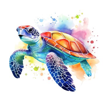 recommend clip art: Watercolor turtle, colorful illustration, clipart on white background