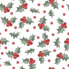 Christmas and New Year seamless pattern with holly. Vector illustration.