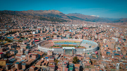 Fotografía del Estadio Garcilaso de la Vega en la ciudad del Cusco, fotografía con Drone de la...