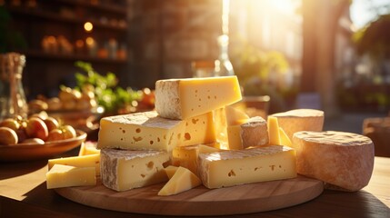 Cheese collection, French emmental or emmentaler cheese served on wooden board in restaurant - obrazy, fototapety, plakaty