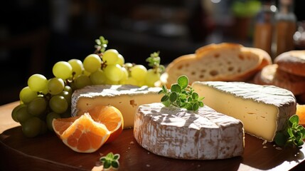 Cheese platter with different types of cheese, grapes and orange