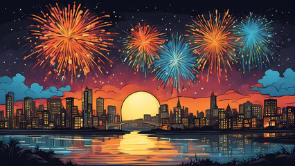 Obraz premium Fireworks over the river passing through a city.