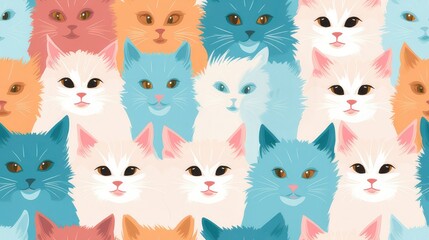 seamless repeatable pattern of cartoon cats and kittens that can be repeated to create an endless pattern. generative A