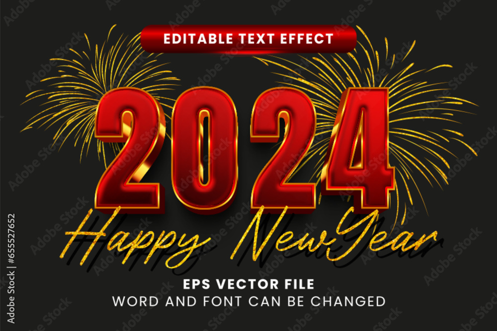 Aufkleber 2024 happy new year red and golden 3d vector text effect