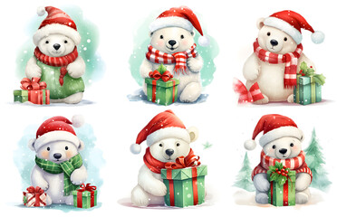 set of cute Christmas Polar Bear with Gift box on transparent isolated Background, png, generated ai