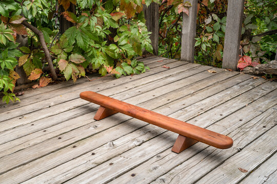 Persian shena push up board on a backyard wooden deck in fall scenery