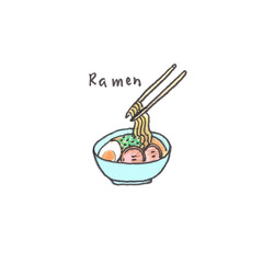 Bowl with ramen noodle soup and chopsticks, hand drawn style vector illustration