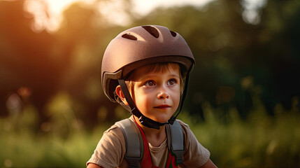Fototapeta na wymiar A child boy in bicycle helmet riding a bicycle for the first time. safety helmet. Generative Ai