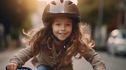 a Cute little girl in bicycle helmet having fun by riding bicycle. Cute kid in safety helmet biking outdoors. Generative Ai