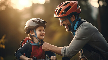 Father helping cheerful son wearing bicycle helmet for cycle. Excited little boy getting ready by wearing bike helmet to start cycling. Safety helmet. Generative Ai