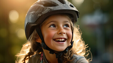 Happy portrait of a young girl with a bicycle helmet on playing outside. Generative Ai