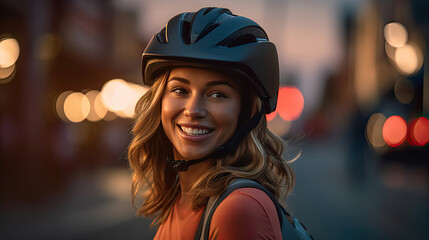 Happy woman wearing bicycle helmet with bicycle on street. Generative Ai