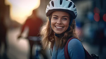 Deurstickers Happy woman wearing bicycle helmet with bicycle on street. Generative Ai © tong2530