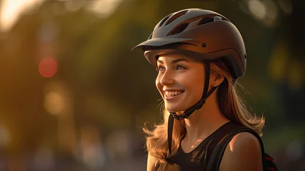 Rolgordijnen Happy young woman wearing bicycle helmet in park. Generative Ai © tong2530