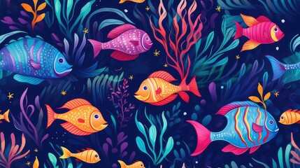 seamless repeatable pattern of tropical reef with fish and coral that can be repeated to create an endless pattern. generative AI