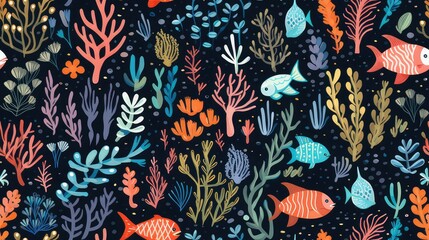 seamless repeatable pattern of tropical reef with fish and coral that can be repeated to create an endless pattern. generative AI