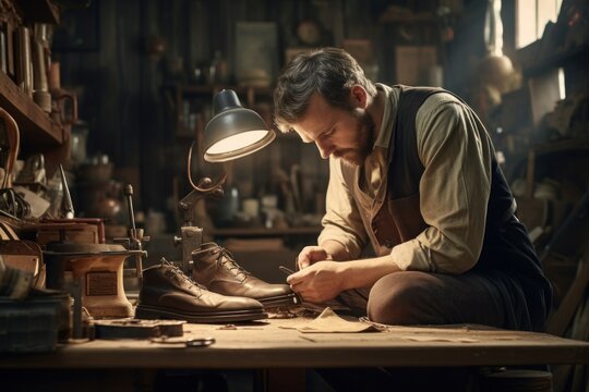 A male shoemaker repairs shoes in his workshop.