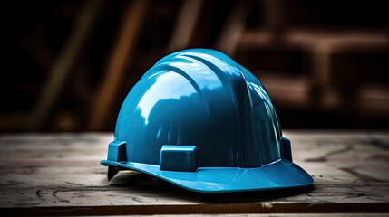 A blue safety helmet or hardhat for the construction worker which is placed at construction working site. Generative Ai - obrazy, fototapety, plakaty