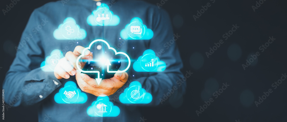 Aufkleber User man use smartphone with cloud computing diagram. Business concept of big data analytics and business intelligence, data storage, data transfer, networking and internet service. Cloud technology.