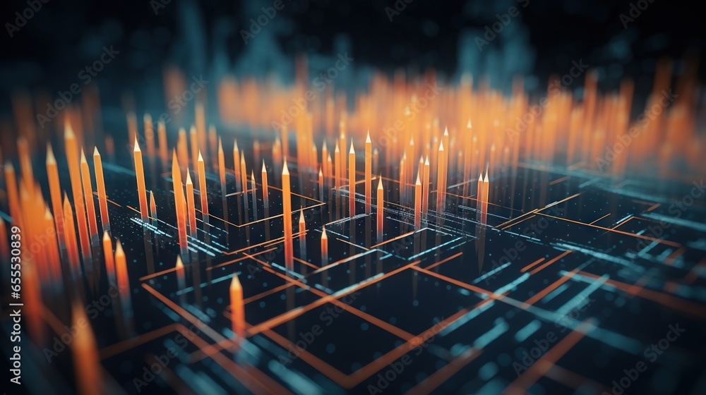 Poster a computer generated image of a grid of orange and blue lights. generative ai