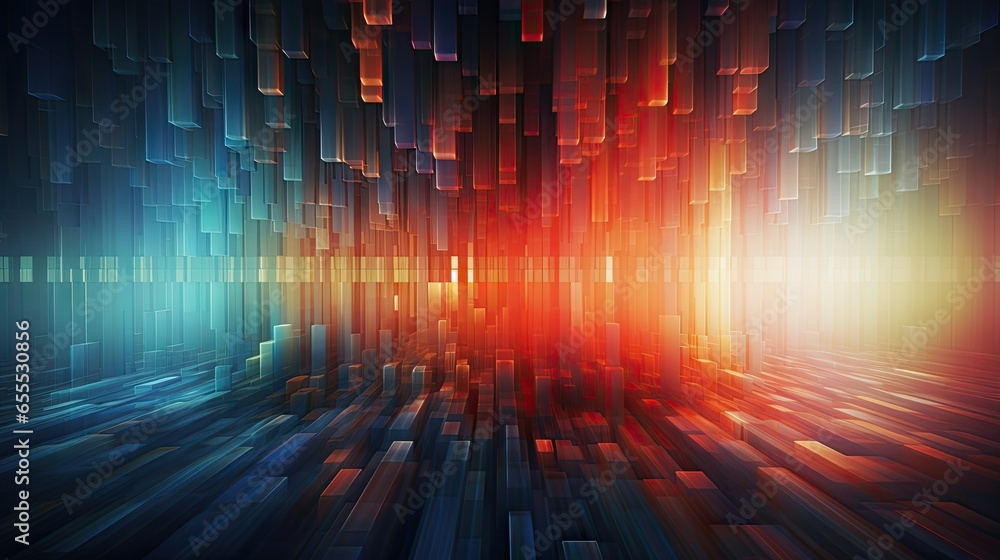 Poster a colorful abstract background with a red and blue light at the end. generative ai