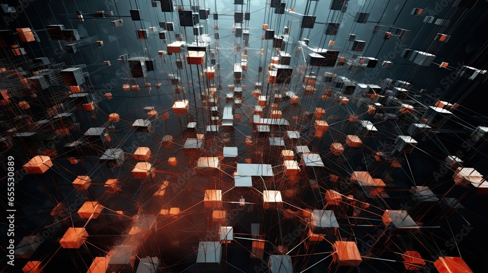 Poster an abstract image of cubes and lines in orange and black. generative ai