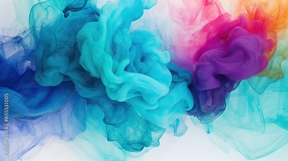 Poster a group of colored smokes floating in the air on a white background. generative ai