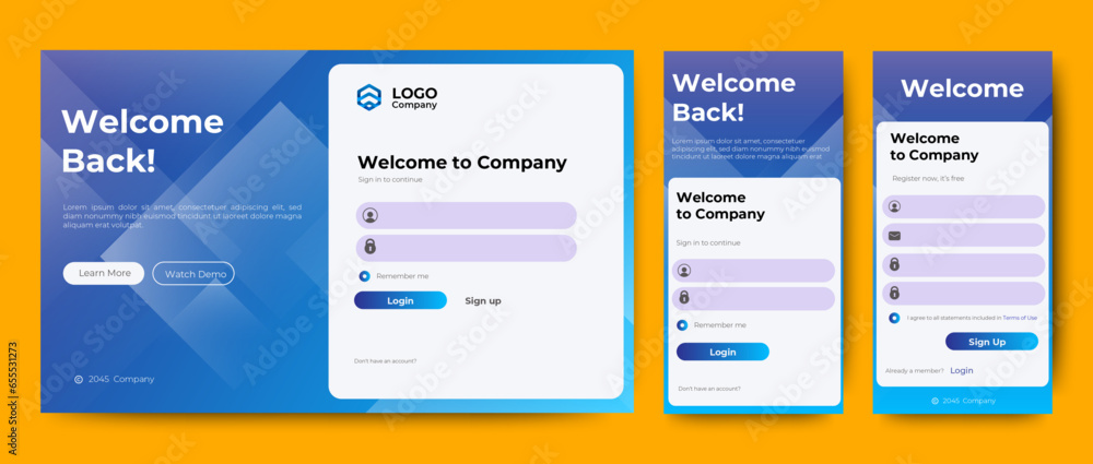 Poster login and registration form templates with blue color design. mobile sign up and sign in page. profe