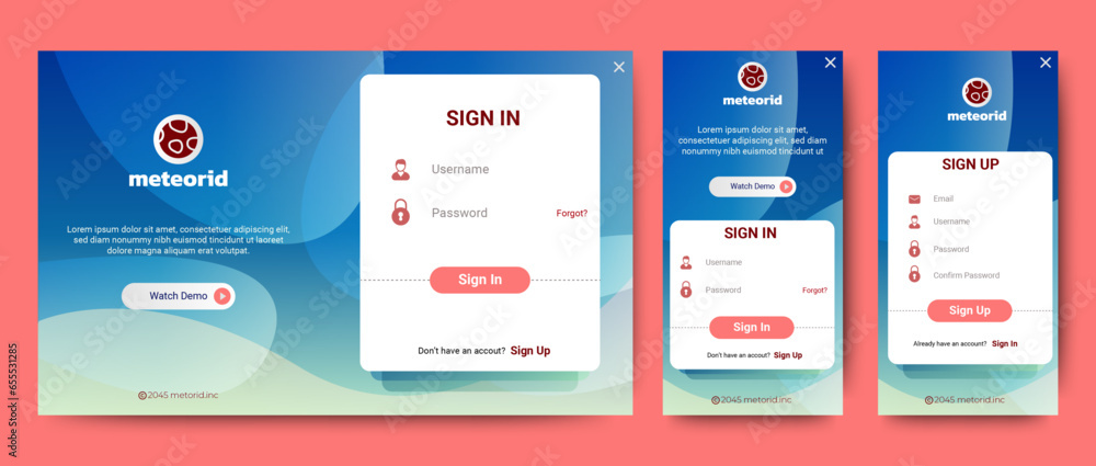 Poster login and registration form templates with blue color design. mobile sign up and sign in page. profe