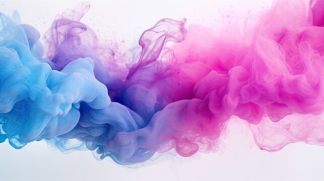  a blue and pink smoke is in the air on a white background.  generative ai