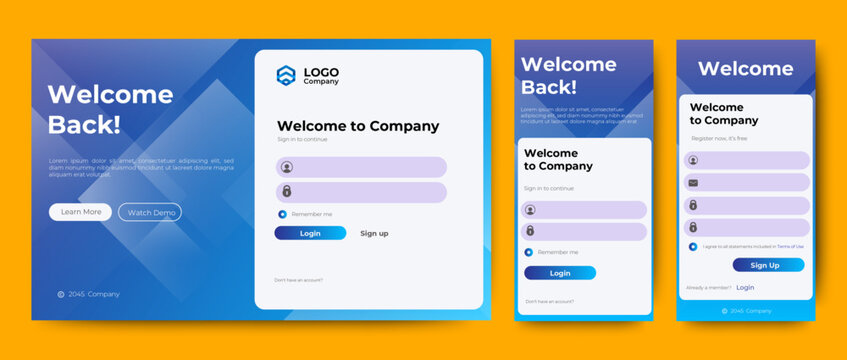 Login and Registration form templates with blue color design. Mobile Sign Up and Sign In page. Professional web design, full set of elements. User-friendly design materials.