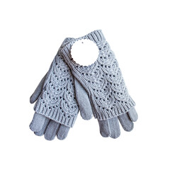 Pair of gray woolen gloves with a blank white price tag beside it, on white background