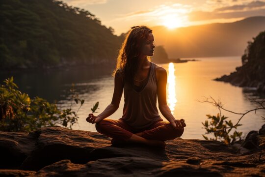 young woman doing yoga at sunset