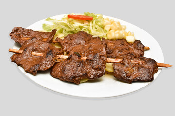 Typical food of Peruvian food, lomo saltado, anticuchos, cebiche, chaufaa rice