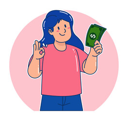 Cartoon woman holding money bills