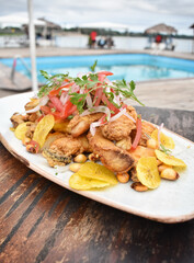 Typical food of Peruvian food, lomo saltado, anticuchos, ceviche, chaufa rice