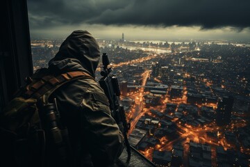 army sniper on a rooftop - obrazy, fototapety, plakaty