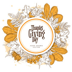 Thanksgiving circle background with text space decorated with autumn leaves, nuts, berries and spray texture.