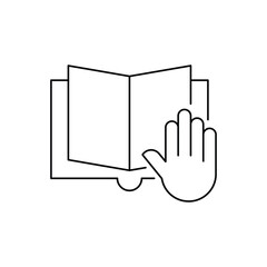 Hand and law book icon design. Hand on constitution thin line icon, oath on inauguration. Modern vector illustration.