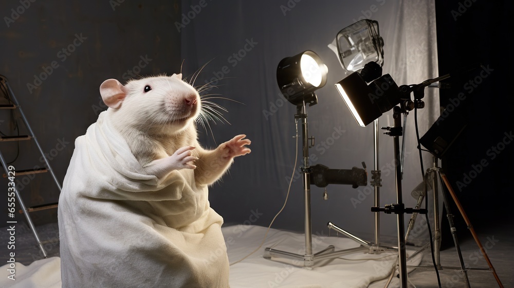Poster a rat in a blanket standing in front of a camera. generative ai
