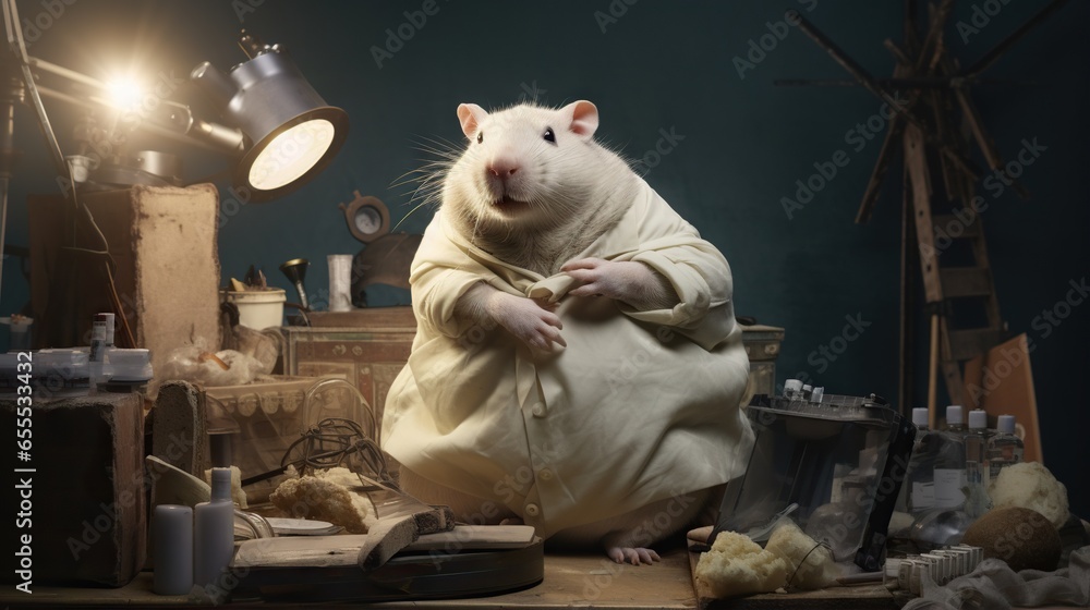 Poster a white rat sitting on top of a table next to a lamp. generative ai