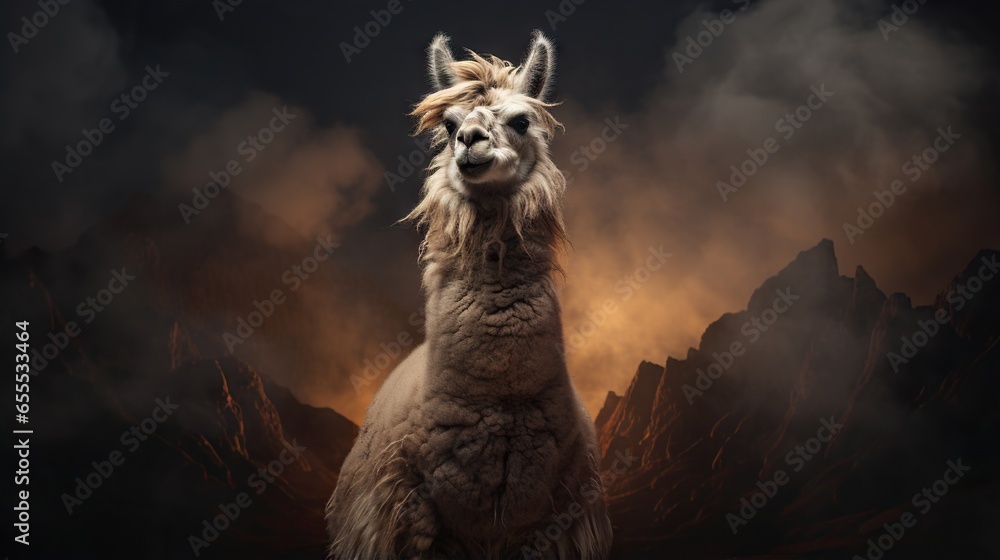 Poster a llama standing in front of a dark sky with clouds. generative ai