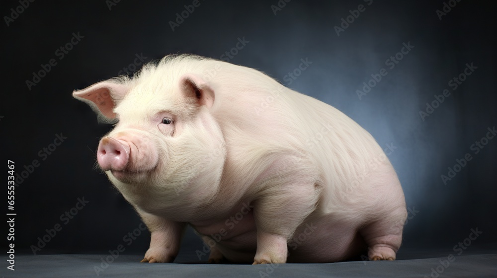 Poster a small pig is standing on a black background and looking at the camera. generative ai