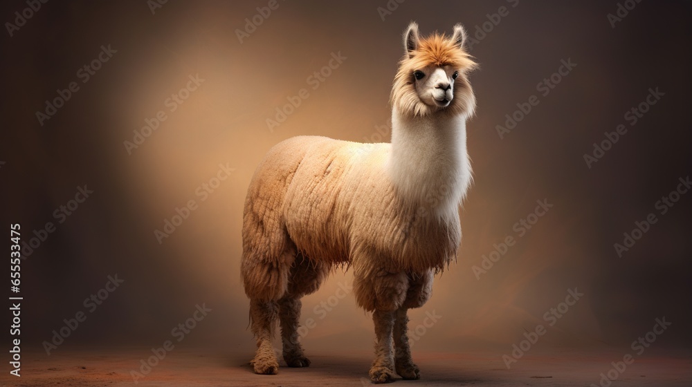 Poster an alpaca standing in front of a dark background. generative ai