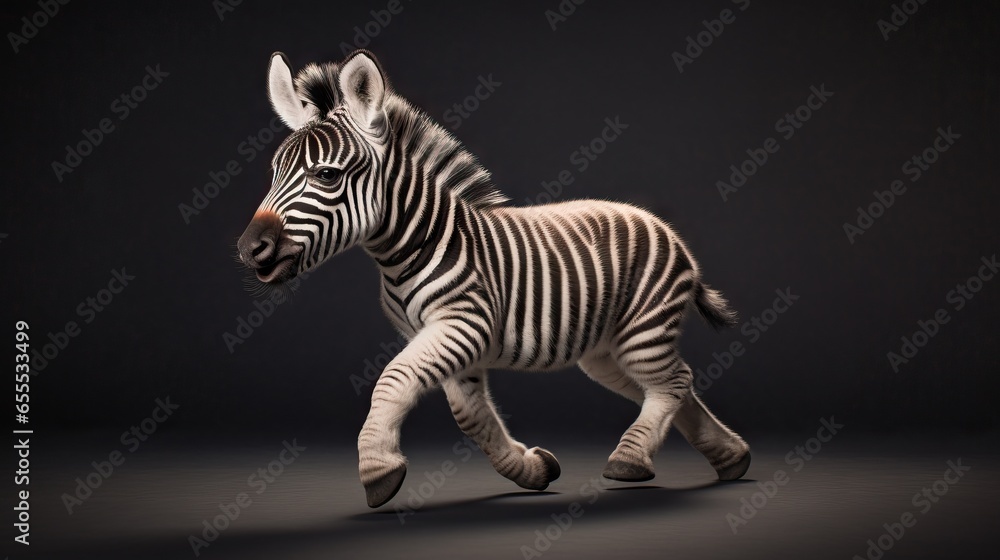 Poster a zebra is running in the dark with a black background. generative ai